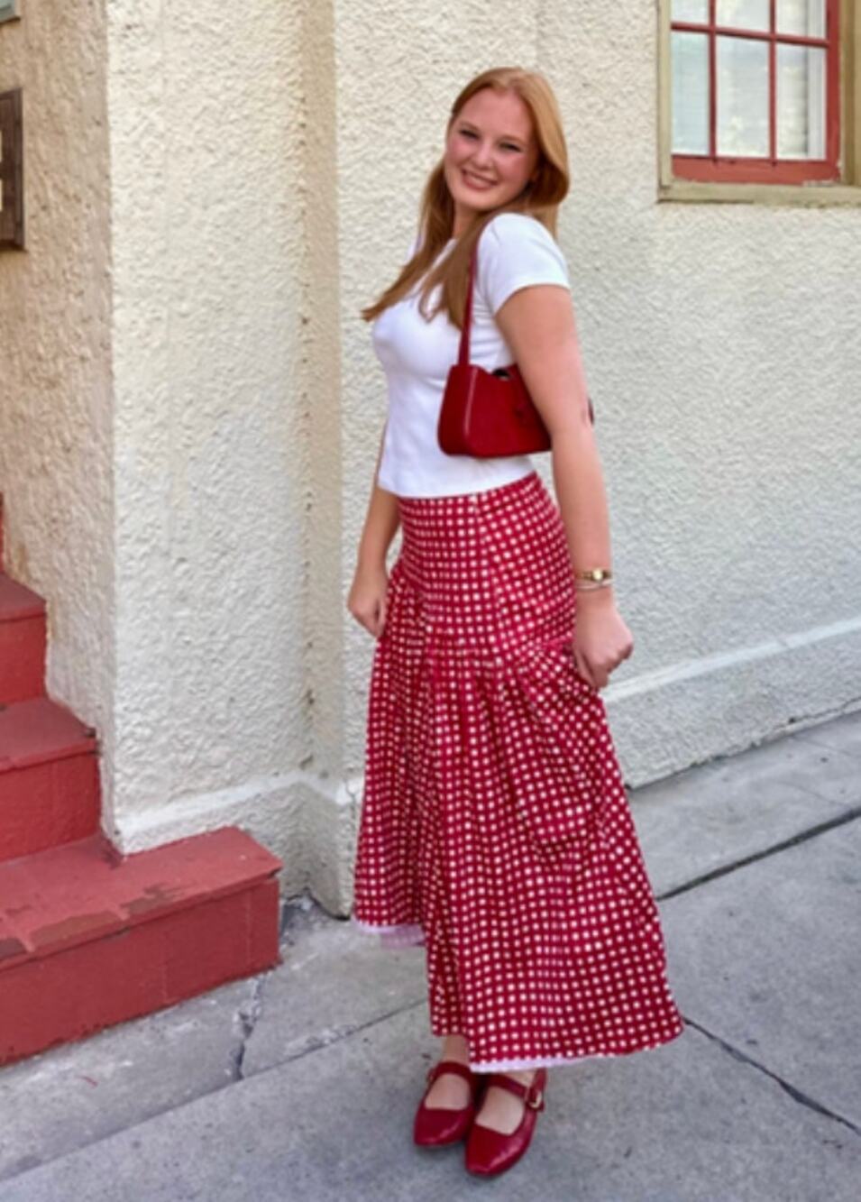 HUTCH Drop Waist Gingham Midi Skirt in Red Size Small